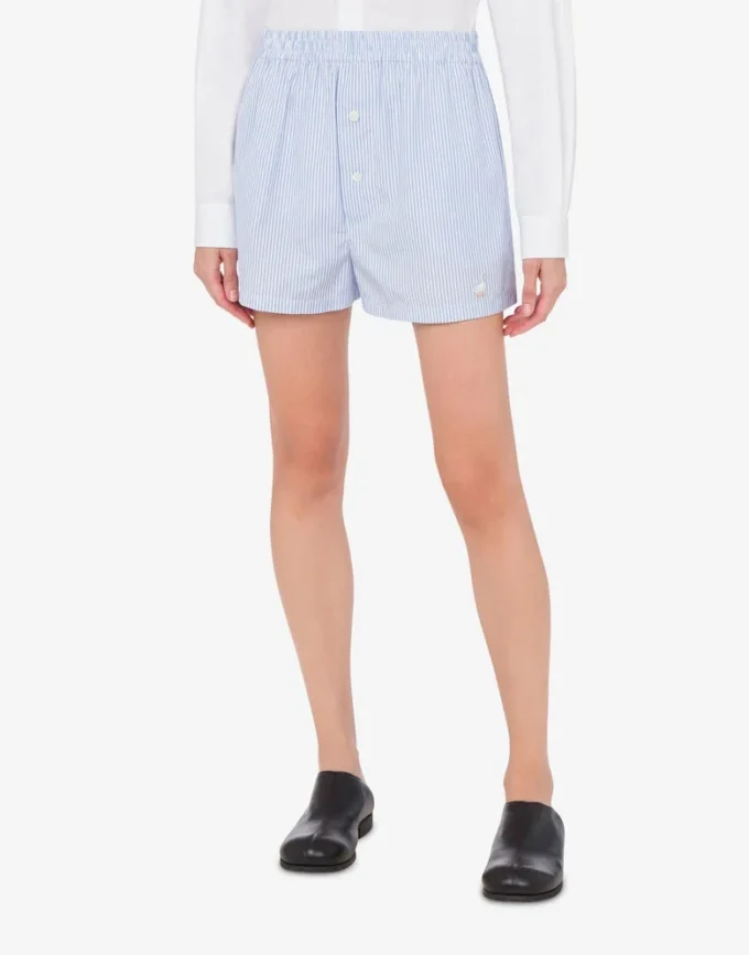 Pantalones cortos de popelín a rayas con bordado de ganso Pantalones cortos de popelín a rayas con bordado de ganso